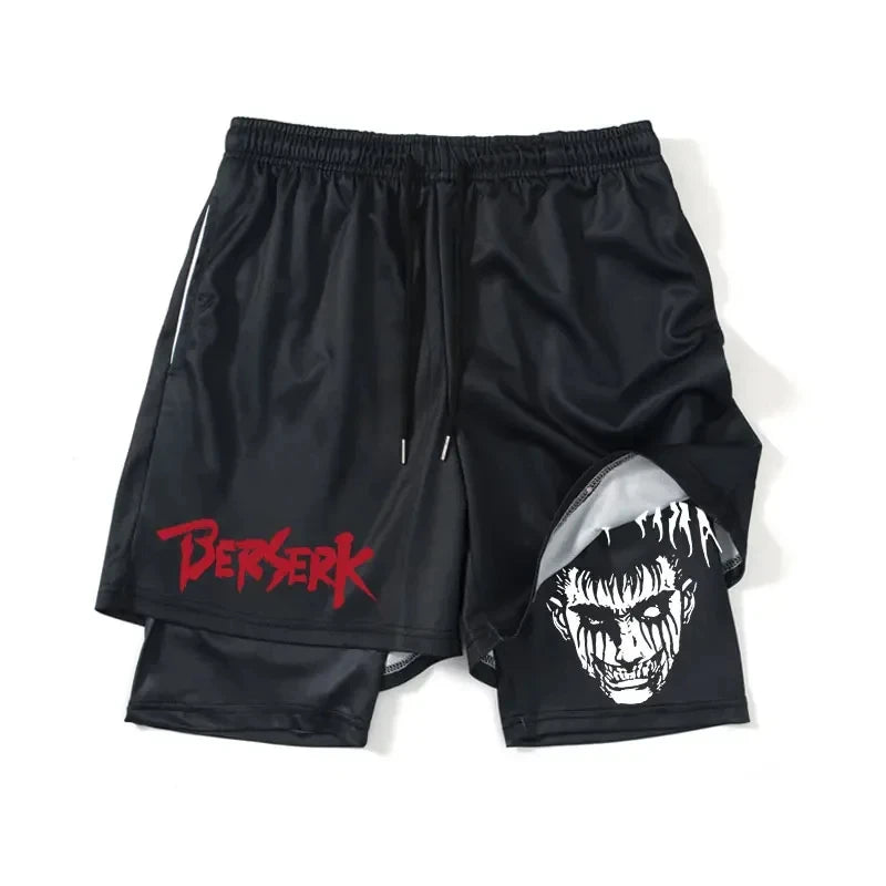 Bermuda de corrida masculina Calça de duas camadas Estampada Guts