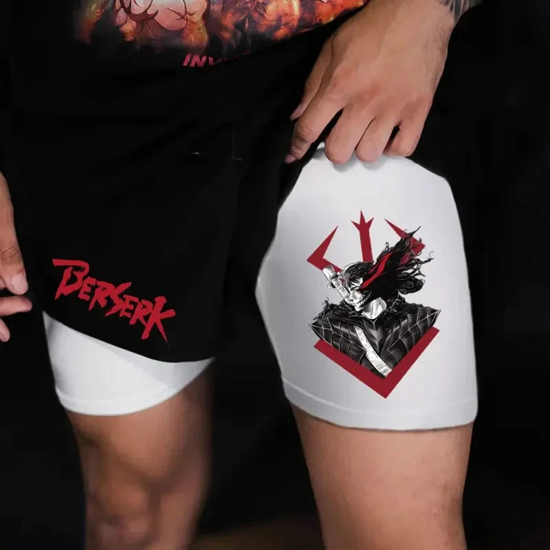 Bermuda de corrida masculina Calça de duas camadas Estampada Guts